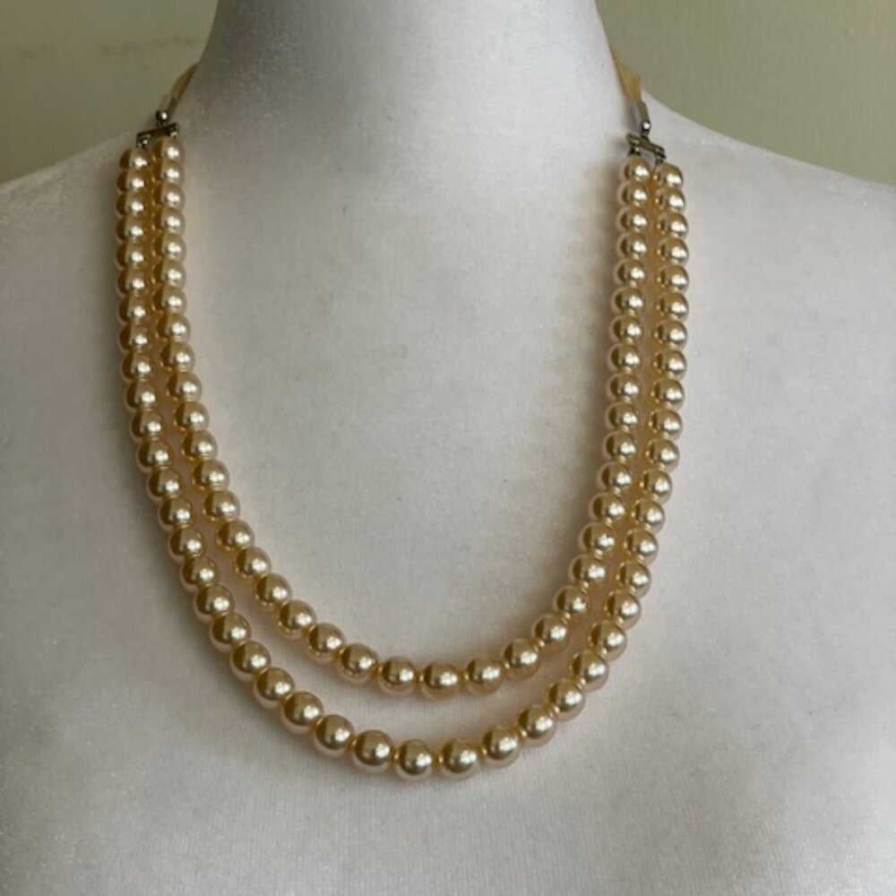 Unbranded Double Pearl Strand Ribbon Tie Necklace Cream